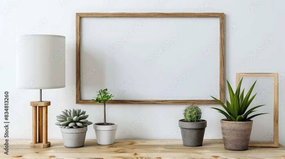 Wood empty frame with copy space, lamp and plants in pots on table against white wall. Mock up frame template, interior design and decoration. Wood empty frame with copy space, lamp and plants in pots on table against white wall. Mock up frame template, interior design and decoration.
