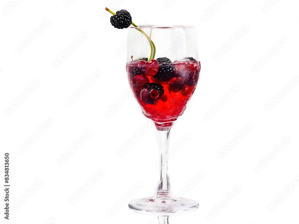 Cherry soda in a tulip glass cherries and blackberries around vibrant red splash glossy highlight Cherry soda in a tulip glass cherries and blackberries around vibrant red splash glossy highlight