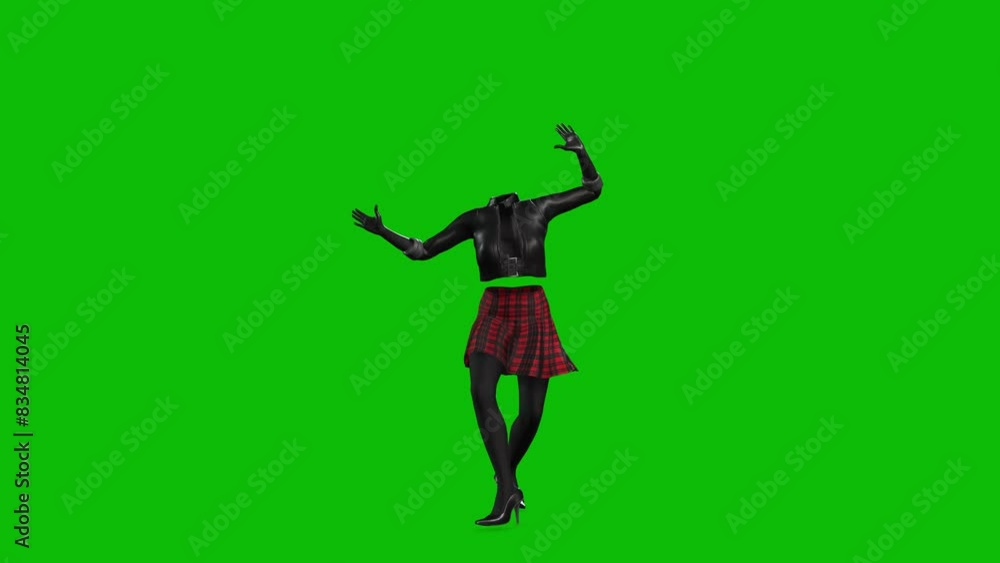3D invincible woman wearing leather jacket, short skirt and high heels, dancing on green screen, 3D animation. Dance style 14 3D invincible woman wearing leather jacket, short skirt and high heels, dancing on green screen, 3D animation. Dance style 14