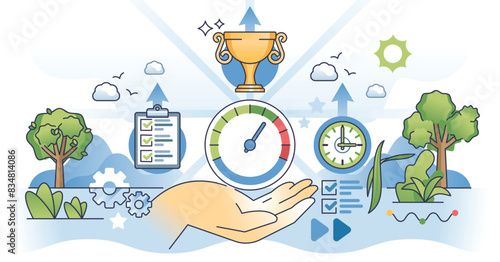 Performance management and efficiency improvement outline hands concept. Successful business goals reach with milestone achievements vector illustration. Productivity boost with time management.
