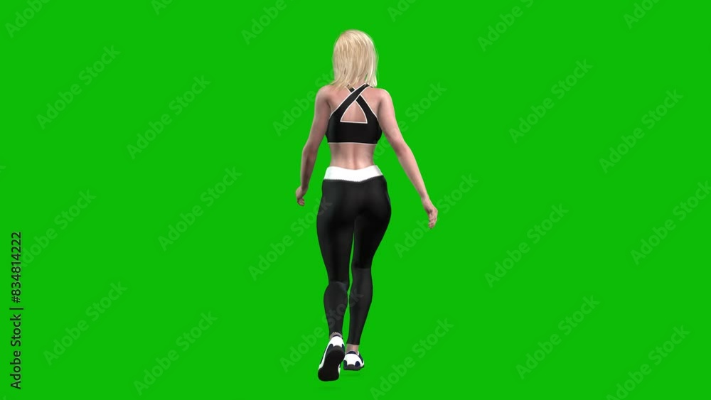 3D female athlete wearing sports outfit, tight fit black sportswear, fast walking on green screen, 3D loop animation, back view. 3D female athlete wearing sports outfit, tight fit black sportswear, fast walking on green screen, 3D loop animation, back view.
