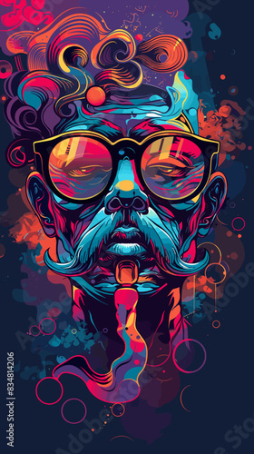 Vector illustration of hipster man with mustache and sunglasses on colorful background