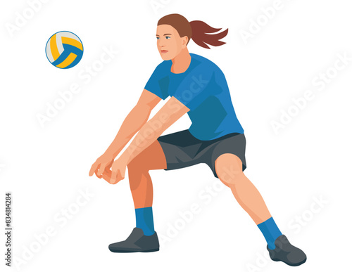 Figure of a women's volleyball girl player in blue t-shirt who hits and pass the ball