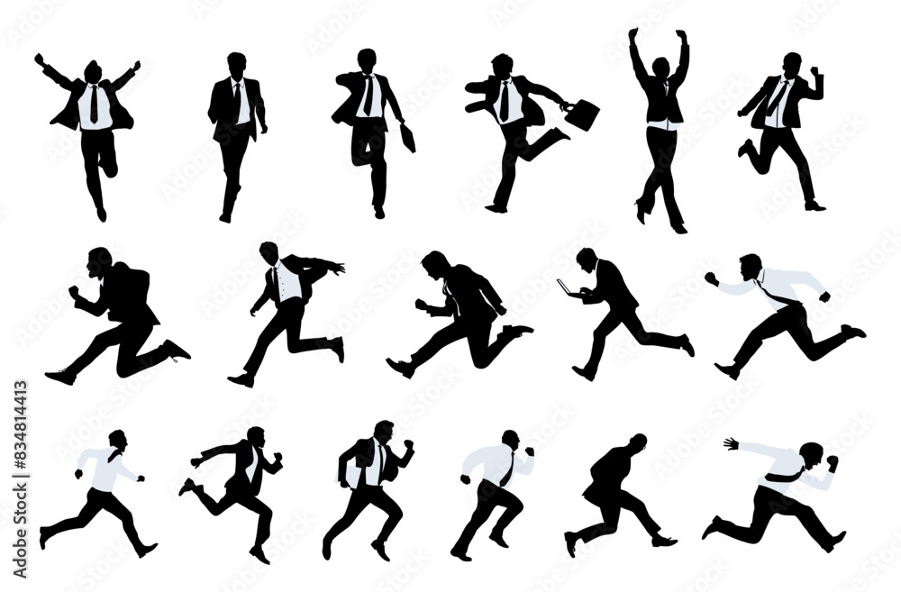 Silhouettes of business people running, jumping, winning full length front, side view. Vector black monochrome outline illustration isolated on transparent background . Avatar, icons for website.