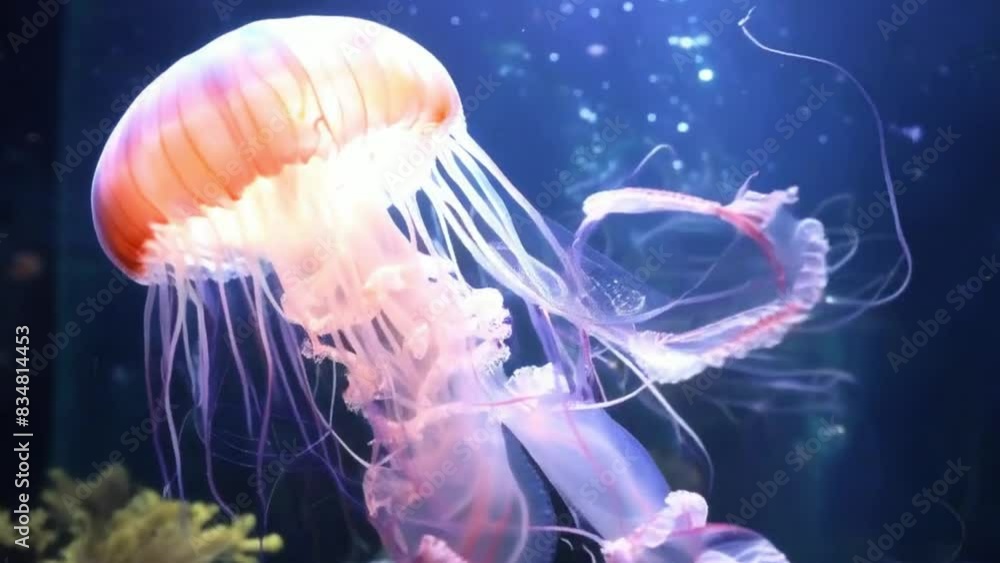 Fantastic Rainbow Jellyfish Swims in Dark Water with Glowing Colors in a Mystical Underwater Scene Fantastic Rainbow Jellyfish Swims in Dark Water with Glowing Colors in a Mystical Underwater Scene