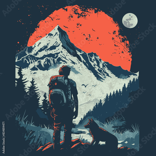 Hiker with backpack and wolf in the mountains. Vector illustration