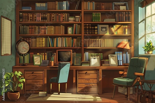 A room with a large window and a desk and bookshelf