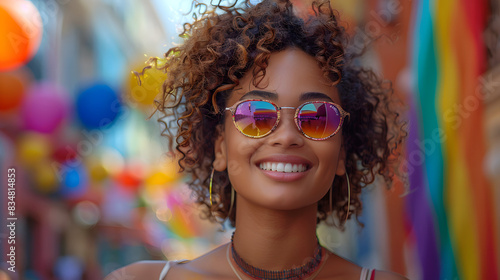 A joyful woman with curly hair and sunglasses smiles brightly while celebrating LGBT Pride, embodying happiness and inclusivity