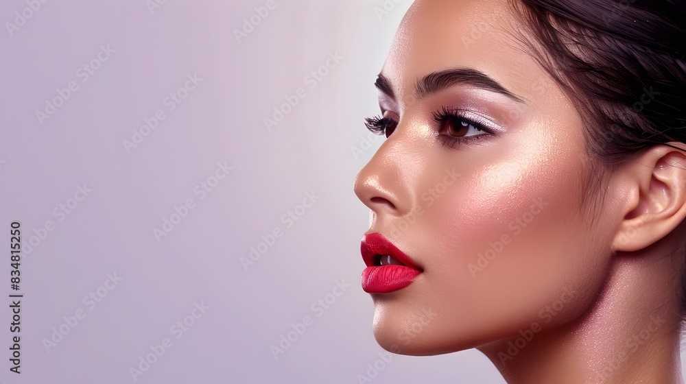 Fototapeta premium Peruvian Beauty Radiant Model Showcases Vibrant Decorative Cosmetics in Elegant Advertising Banner