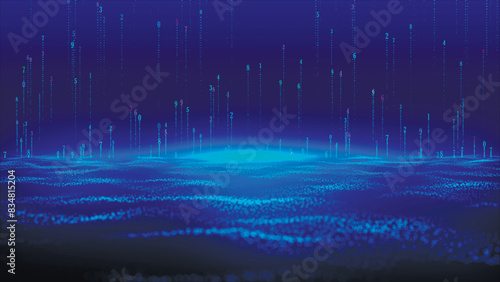 Bright numbers on a blue background. Glowing sparks fly upward. Lava. Bright wave of particles. Colored glowing numbers rising on a blue background in 3D vector