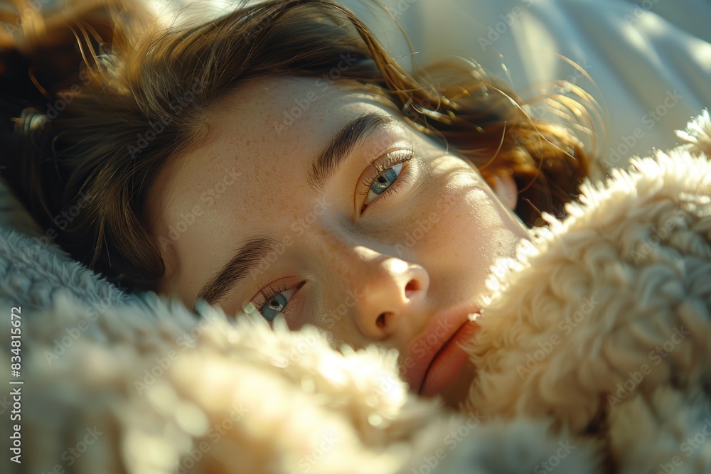 A close-up of a woman waking up in the morning, her eyes slowly opening as sunlight filters through the window. She is still nestled under a cozy blanket, her hair slightly tousled from sleep. The A close-up of a woman waking up in the morning, her eyes slowly opening as sunlight filters through the window. She is still nestled under a cozy blanket, her hair slightly tousled from sleep. The