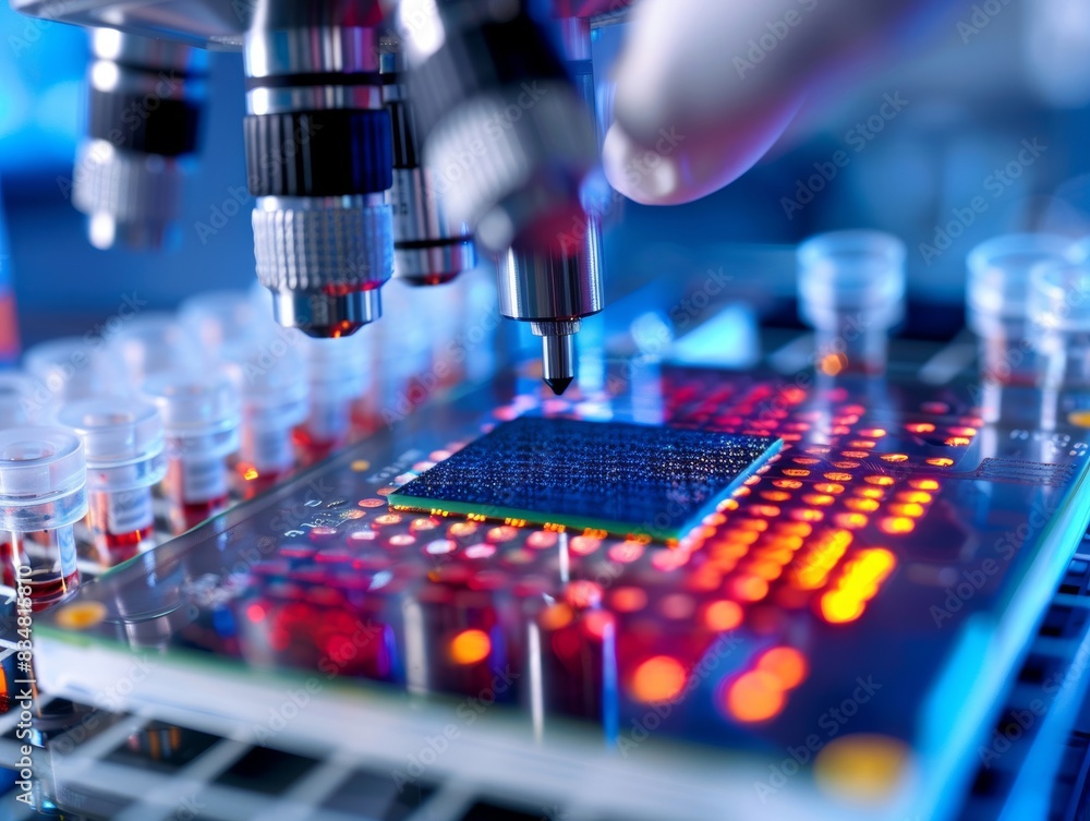 Advanced microchips are being developed in clean room environments. Advanced microchips are being developed in clean room environments.