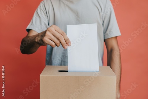 Voter inserting paper ballot into a box with red background behind - Democratic Process - Election Integrity - Voter Turnout © melhak