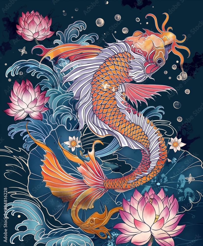 Vibrant koi fish with lotus flowers in swirling water, colorful and detailed Vibrant koi fish with lotus flowers in swirling water, colorful and detailed