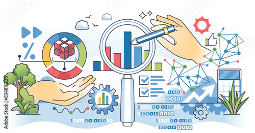 Data analytics tools with information graph research outline hands concept. Analysis for business monitoring, control and statistical reports vector illustration. Methods for company optimization.