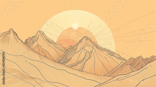 illustration of a mountain range with a rising sun wallpaper