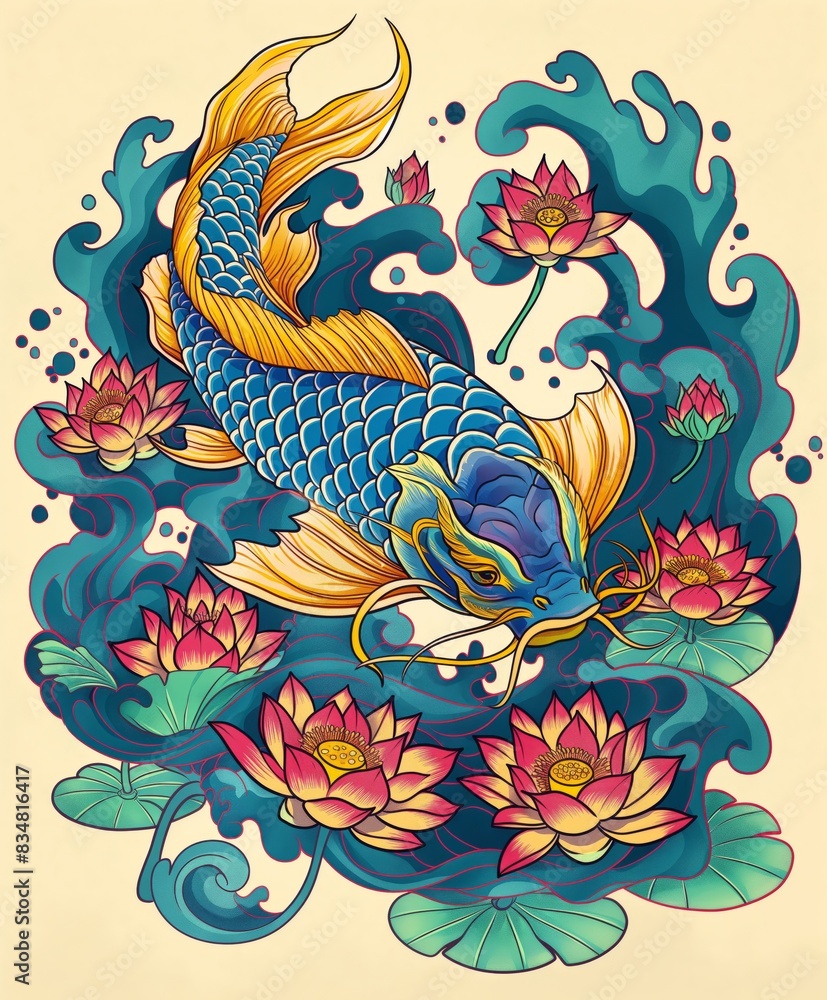 Obraz premium Vibrant koi fish with lotus flowers in swirling water, colorful and detailed
