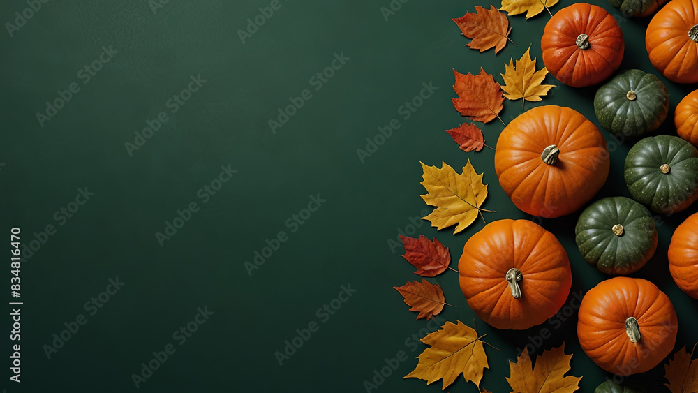 Pumpkins and autumn dry leaves on dark green background. Banner with copy space, top view. Thanksgiving and autumn decoration concept. Pumpkins and autumn dry leaves on dark green background. Banner with copy space, top view. Thanksgiving and autumn decoration concept.