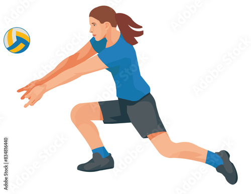 Vector isolated figure of a women's volleyball girl player in blue t-shirt who hits the ball from below
