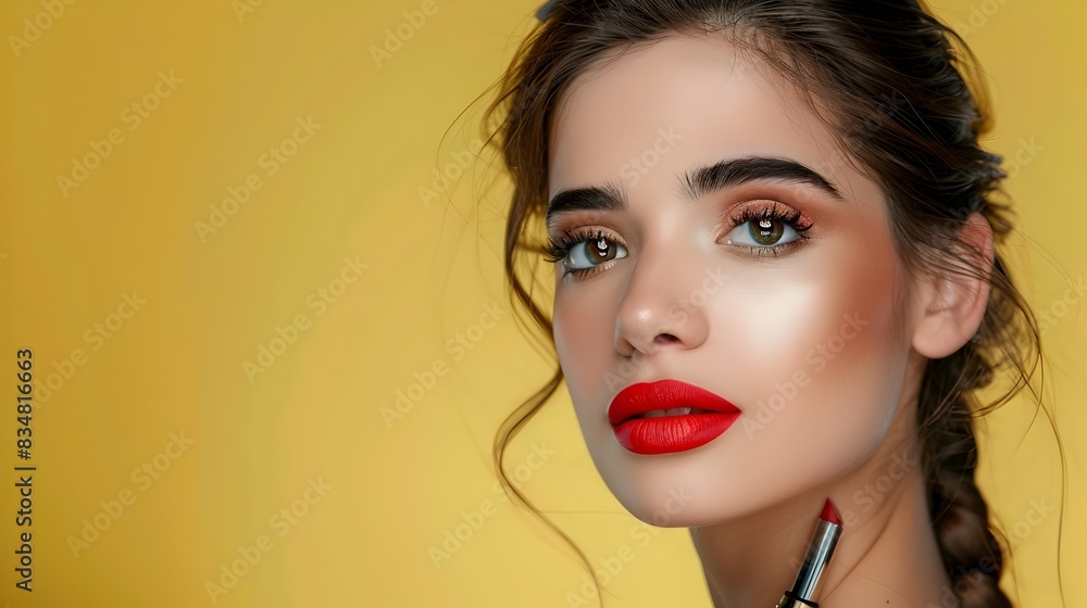 Brazilian Model Showcases Stunning Professional Makeup Look with Lipstick and Eye Shadow on Yellow Brazilian Model Showcases Stunning Professional Makeup Look with Lipstick and Eye Shadow on Yellow