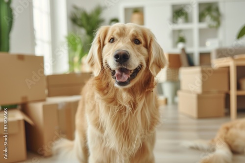 Happy family with dogs moving to new apartment pet puppy at home boxes package buy property relocation exploring house furniture help rent owner beautiful domestic dog donation charity having fun © Yuliia