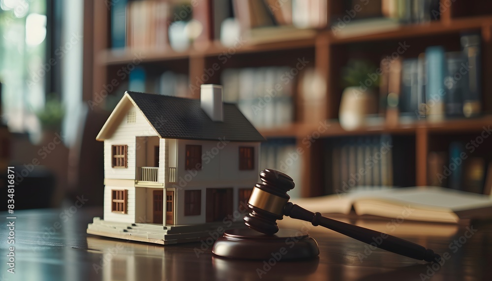 Close up of miniature house and gavel on table. The scene captures the concept of real estate law or home slightly worn out. Close up of miniature house and gavel on table. The scene captures the concept of real estate law or home slightly worn out.