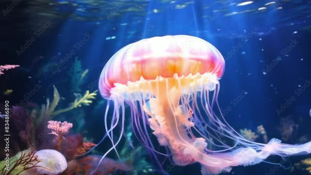 Fantastic Rainbow Jellyfish Swims in Dark Water with Glowing Colors in a Mystical Underwater Scene Fantastic Rainbow Jellyfish Swims in Dark Water with Glowing Colors in a Mystical Underwater Scene