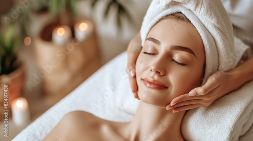 A woman receiving a facial massage at a spa  relaxed atmosphere in warm tones  spa and wellness concept. Generative AI