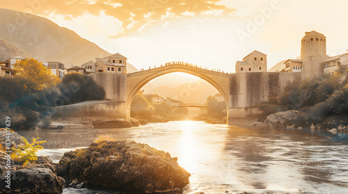 Sunset view of the old mostar bridge in bosnia and herzegovina isolated on white background, hyperrealism, png
 photo