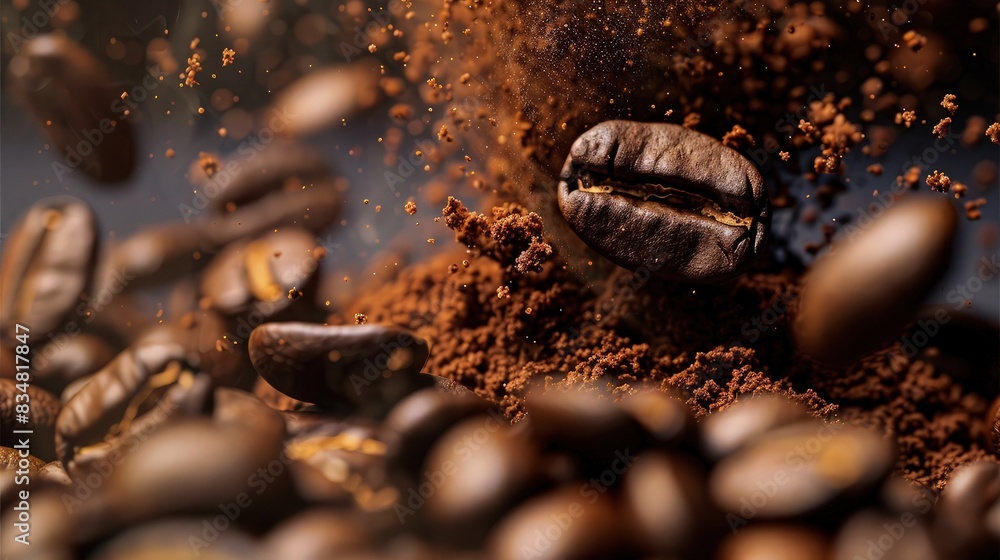 Super Slow Motion Shot of Ground Coffee and Fresh Beans Explosion Towards Camera at 1000fps. Super Slow Motion Shot of Ground Coffee and Fresh Beans Explosion Towards Camera at 1000fps.