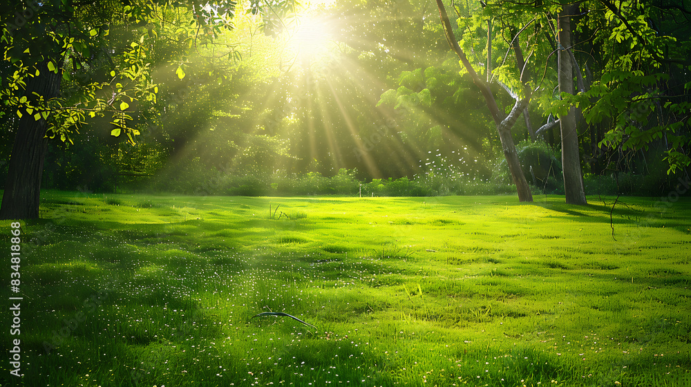 Obraz premium Beautiful warm summer widescreen natural landscape of park with a glade of fresh grass lit by sun.