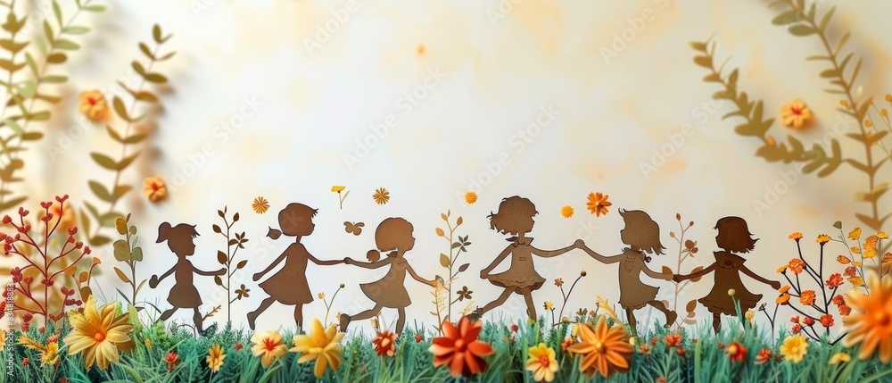Fototapeta premium Happy Children's Day banner with kids holding hands and smiling. 