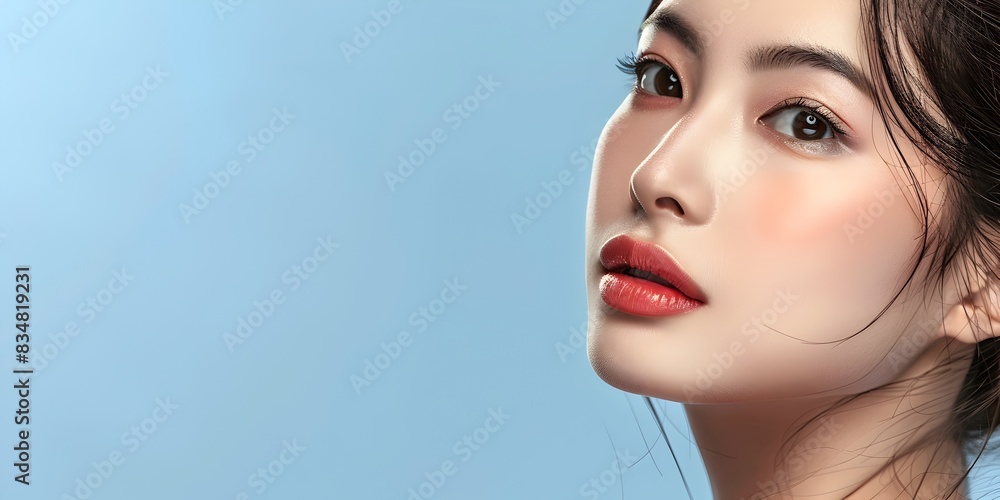 Fototapeta premium Elegant Asian Model Showcasing Professional Makeup for Decorative Cosmetics Advertisement