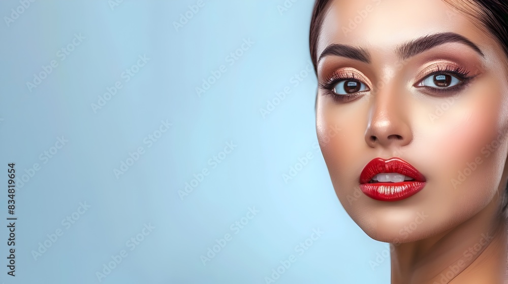 Elegant Indian Model Showcases Professional Makeup Range on Clean Blue Backdrop Elegant Indian Model Showcases Professional Makeup Range on Clean Blue Backdrop