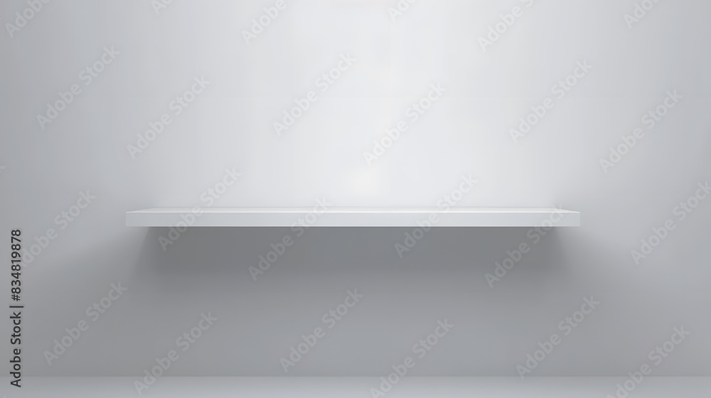 Universal minimalistic background for product presentation. White empty shelf on a light gray wall. Universal minimalistic background for product presentation. White empty shelf on a light gray wall.