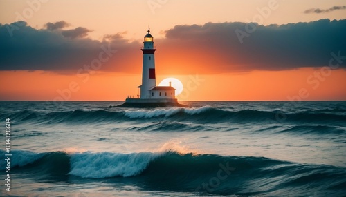 lighthouse in the middle of the sea, sunset colors and little wavy sea	 photo
