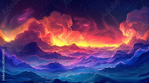 Fantasy landscape with colorful clouds and mountains