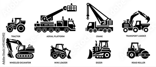 Agriculture machinery and Industrial transport vector icons. Agricultural vehicle side view silhouette black filled vector Illustration icon.