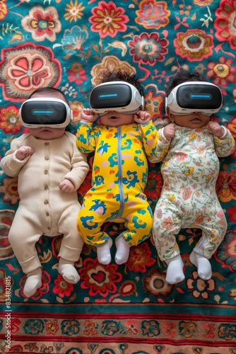 Three adorable babies in colorful pajamas wear VR headsets, laying on a vibrant floral carpet.