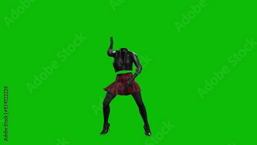 3D invincible woman wearing leather jacket, short skirt and high heels, dancing on green screen, 3D animation. Dance style 16