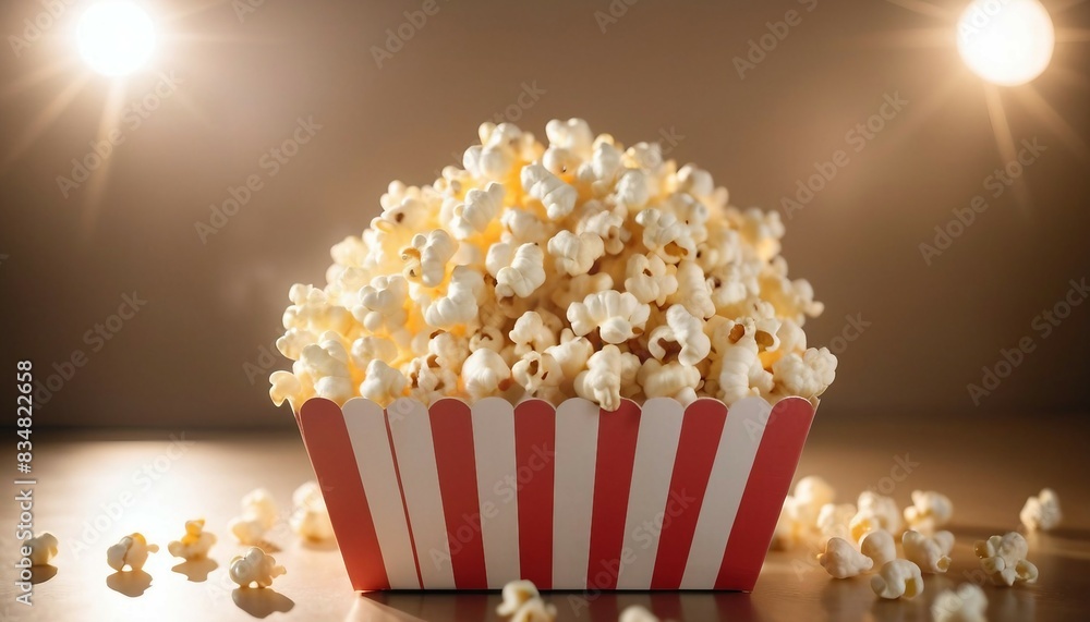Closeup of a cardboard popcorn tub, brimming with irresistible popcorn, with a dreamy, luminous background featuring a stunning bokeh pattern. Closeup of a cardboard popcorn tub, brimming with irresistible popcorn, with a dreamy, luminous background featuring a stunning bokeh pattern.
