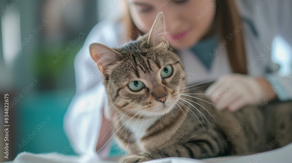 Veterinarian examining a relaxed tabby cat on a table during a routine check-up in a veterinary clinic, animal healthcare concept. Veterinarian examining a relaxed tabby cat on a table during a routine check-up in a veterinary clinic, animal healthcare concept.