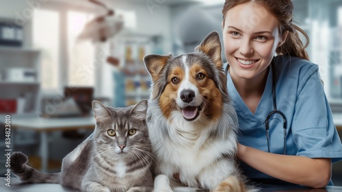 Veterinarian with a cat and a dog in an animal clinic. Smiling vet embraces pets, highlighting veterinary care and pet health.
