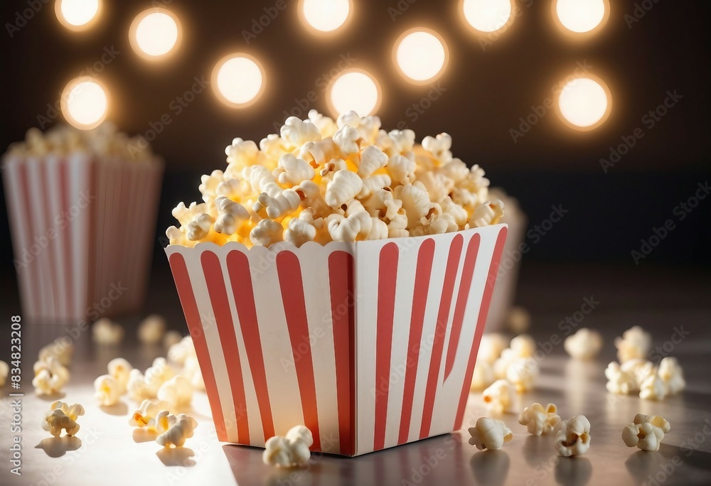 Closeup of a cardboard popcorn tub, brimming with irresistible popcorn, with a dreamy, luminous background featuring a stunning bokeh pattern. Closeup of a cardboard popcorn tub, brimming with irresistible popcorn, with a dreamy, luminous background featuring a stunning bokeh pattern.