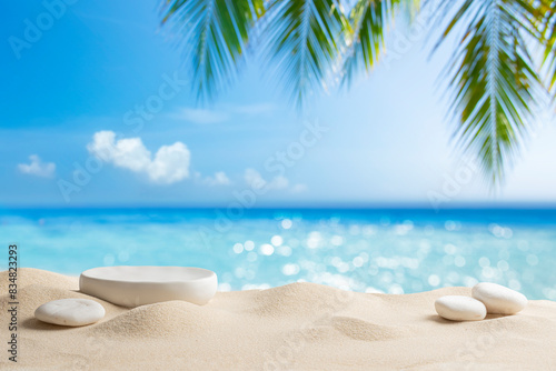 Fototapeta Naklejka Na Ścianę i Meble -  White stone podium with copy space for product display on tropical summer sand beach background
