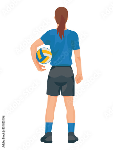 Women's volleyball girl player in a blue uniform from the back who stands with a ball under her arm