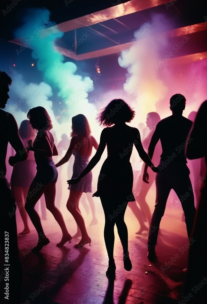 silhouettes of people portrait dancing at a crowded party at midnight, colorful lights and smoke at background silhouettes of people portrait dancing at a crowded party at midnight, colorful lights and smoke at background