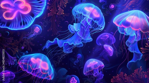 glowing jellyfish and algae on underwater neon wallpaper