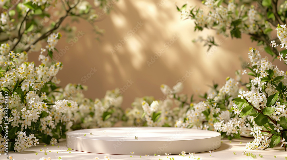 Front view of white podium with and flower in beige background for advertising , abstract content. Pedestal for cosmetic product and packaging mockups display presentation. empty stage. Front view of white podium with and flower in beige background for advertising , abstract content. Pedestal for cosmetic product and packaging mockups display presentation. empty stage.