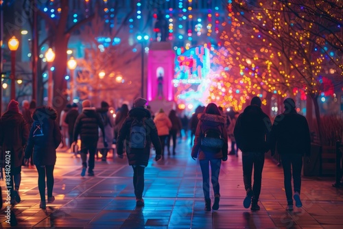 A bustling crowd of people walks down a sidewalk at night  illuminated by colorful lights